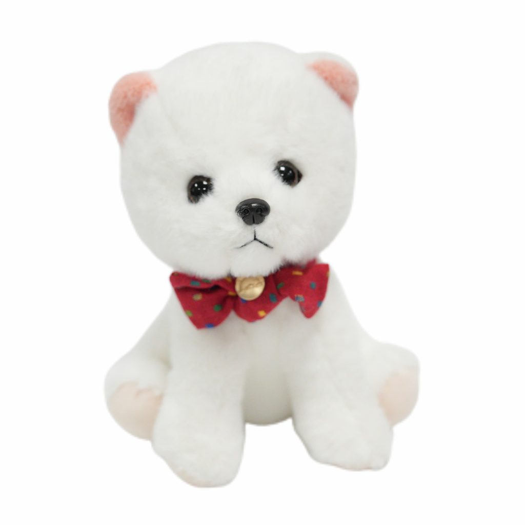 White Dog Plush Sitting Dog With Red Bow