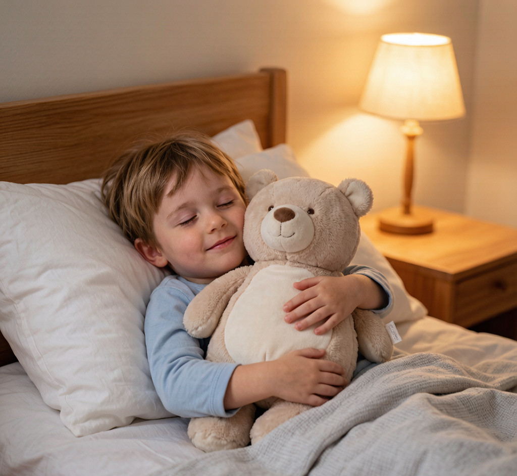 A child hugging a weighted plush bear in bed at bedtime with soft warm lighting