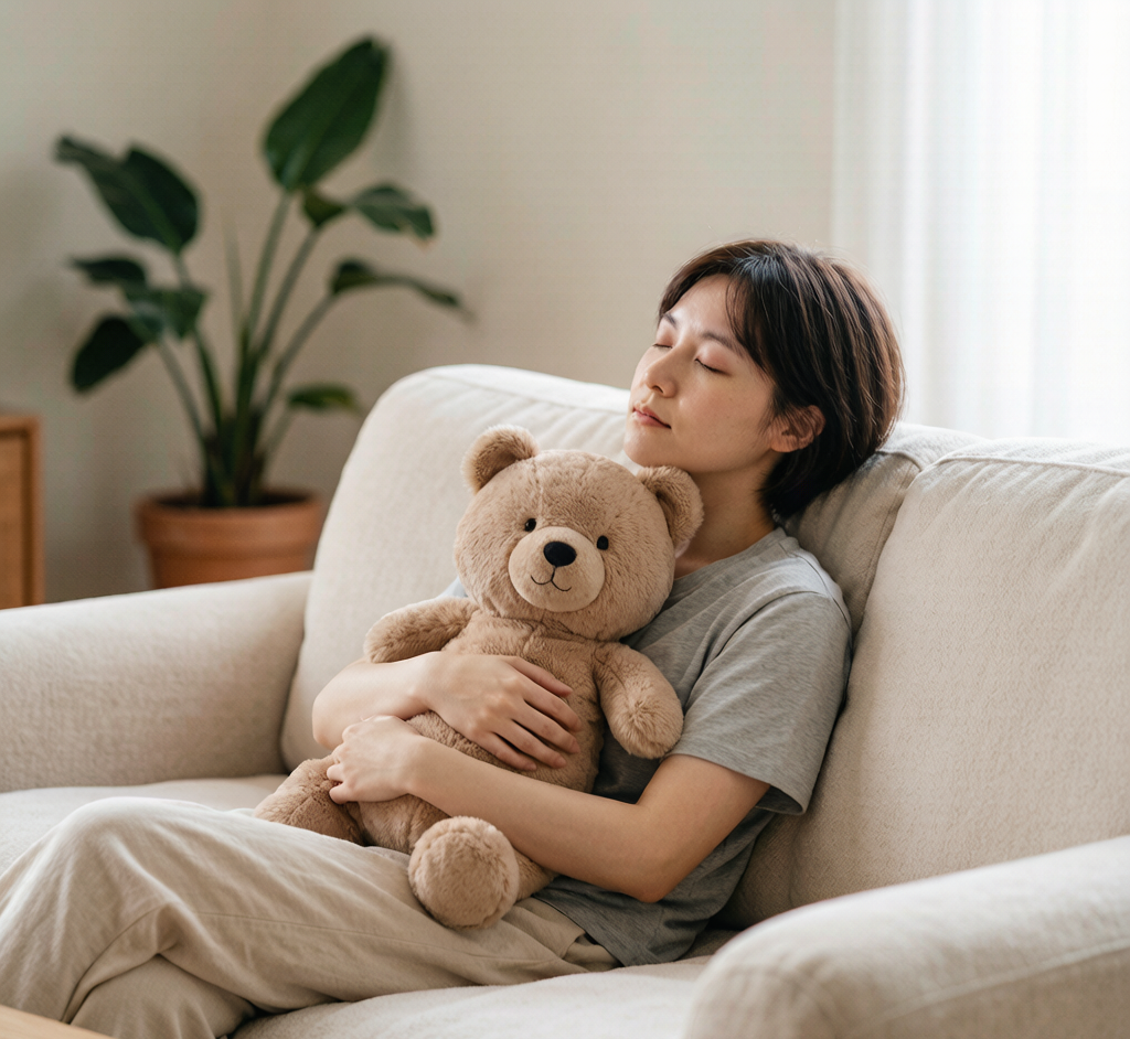 An adult holding a weighted plush bear on their lap while reading on a sofa