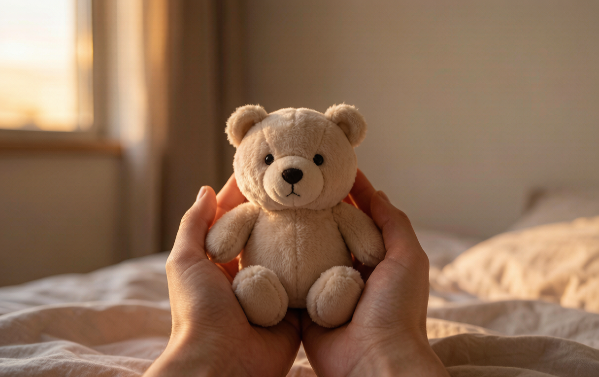 A soft weighted plush bear held in hands on a cozy bed at dusk