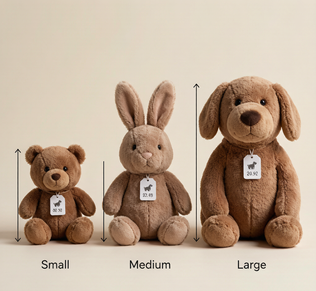 A side-by-side comparison of different weighted plush toy sizes and weights on a neutral surface