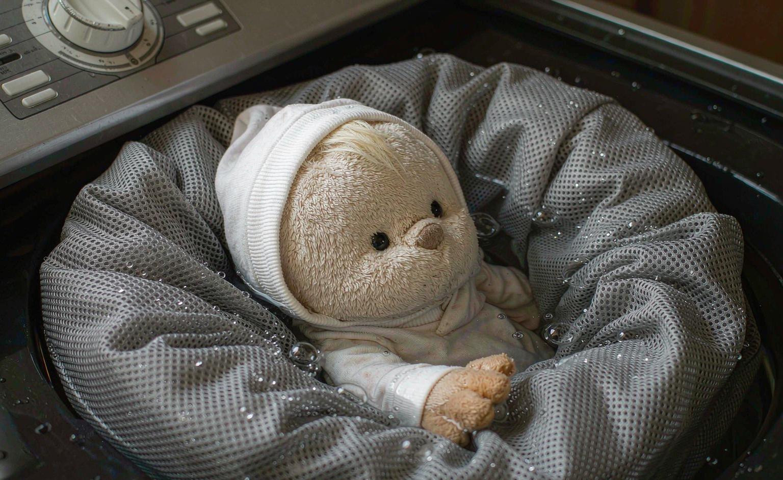 A baby plush toy being gently washed in a laundry bag on a delicate cycle