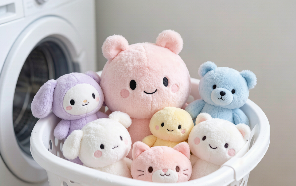 Plush toys arranged in a laundry basket ready to be washed