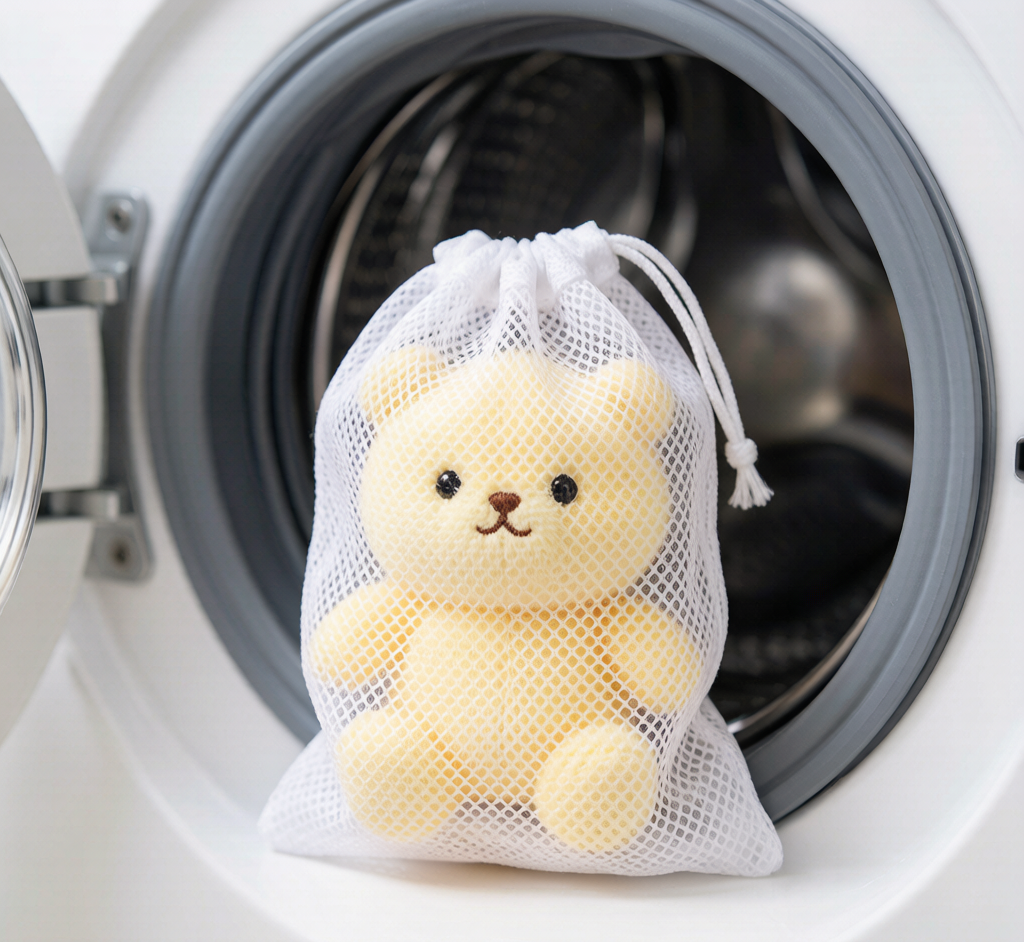 A plush toy placed inside a mesh laundry bag before going into the washing machine