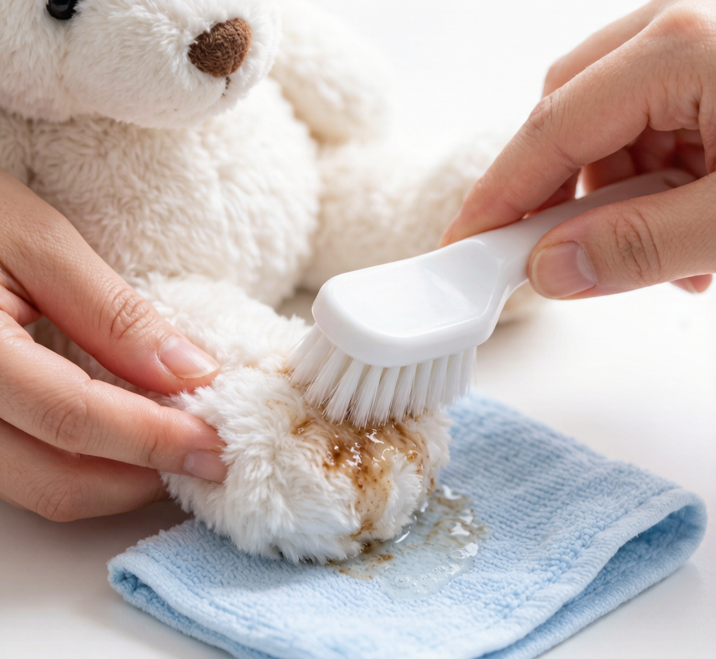 A plush toy being spot-cleaned with a soft brush and mild detergent on a stained area