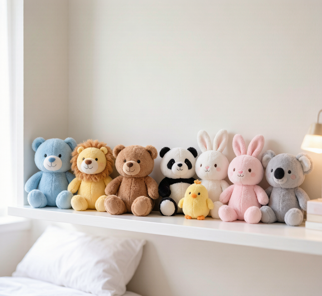 A neat row of clean plush toys stored on a bedroom shelf, well-spaced and ready for use