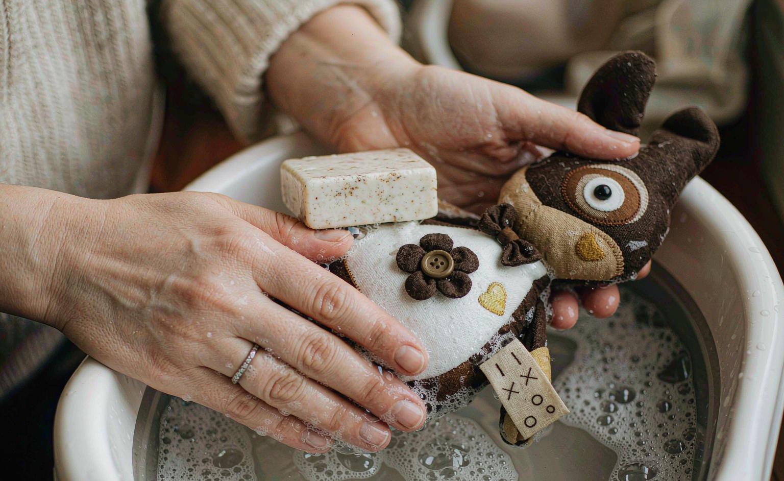 A parent gently hand-washing an eco plush toy in a basin with mild detergent