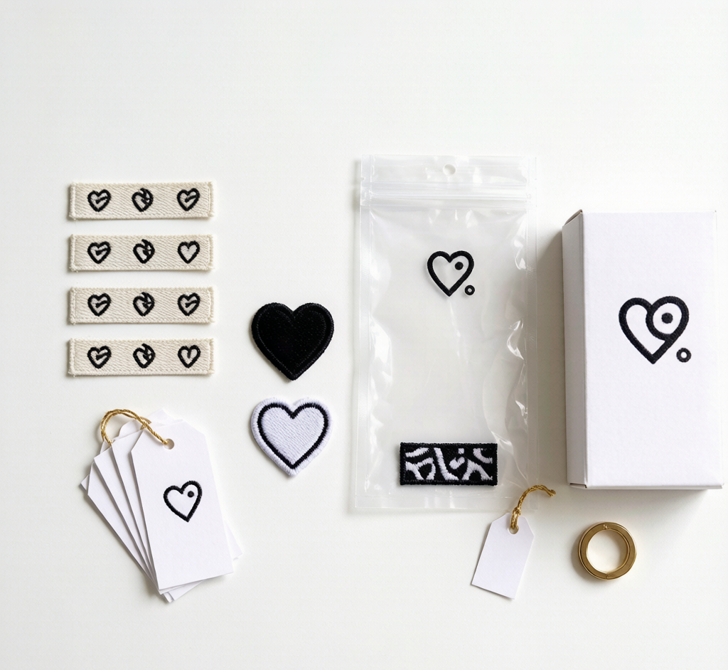 Assorted private label plush branding samples with woven labels, hangtags, and packaging