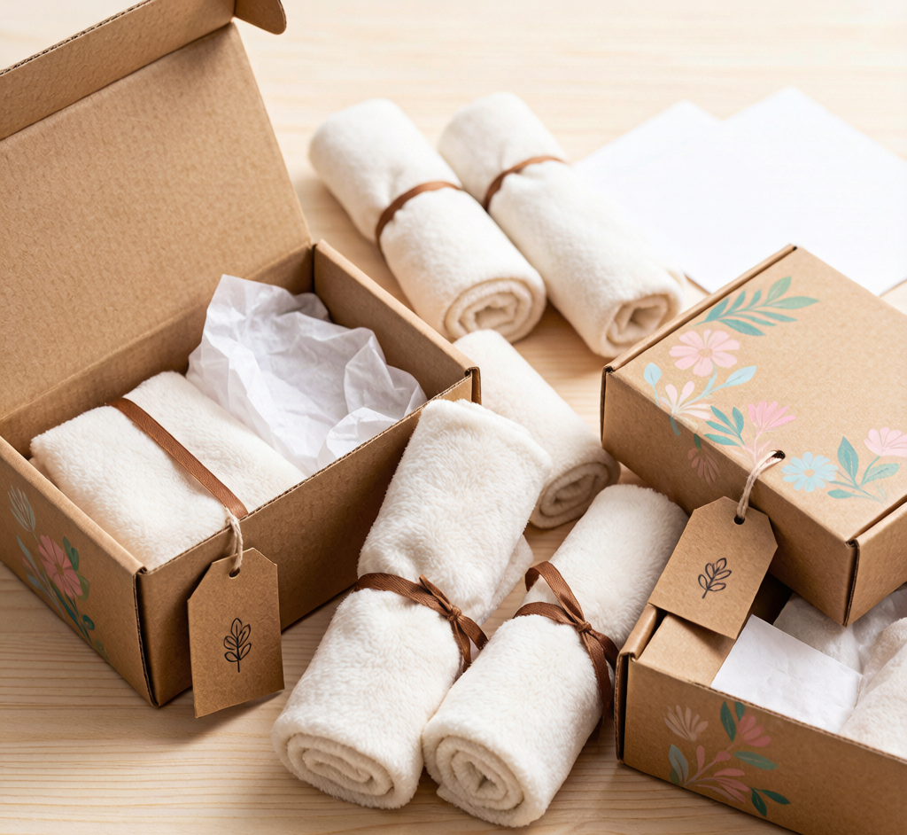 A flat-lay of private label plush packaging samples: branded boxes, hangtags, and woven labels