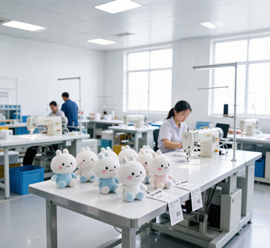 A private label plush production line with finished character samples and QC tags