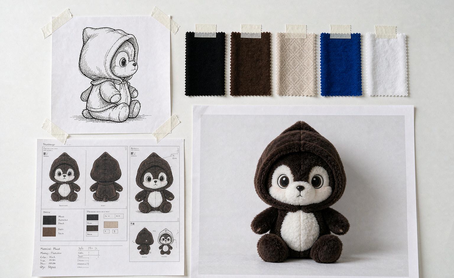 Plush toy design review with tech pack, sketches, and fabric swatches on a sampling table