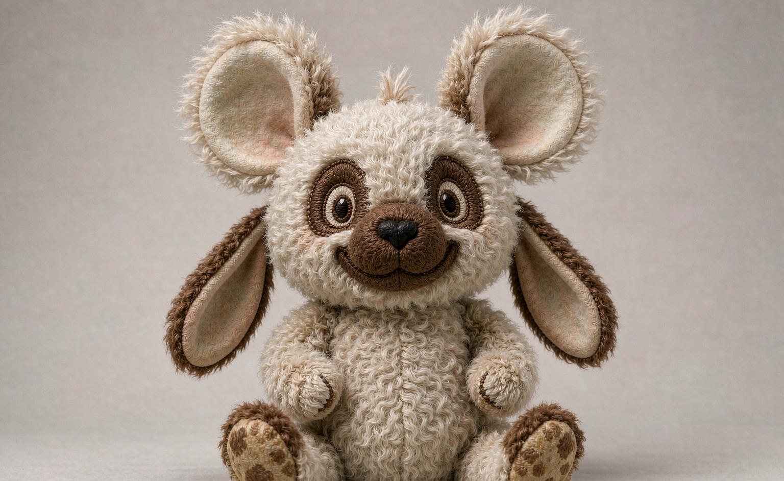 A finished plush toy prototype photographed against a neutral background for buyer review