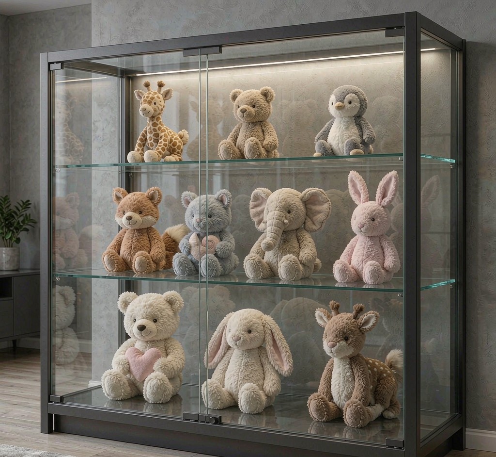 Collectible plush toys on a rotating glass display shelf with even indirect lighting