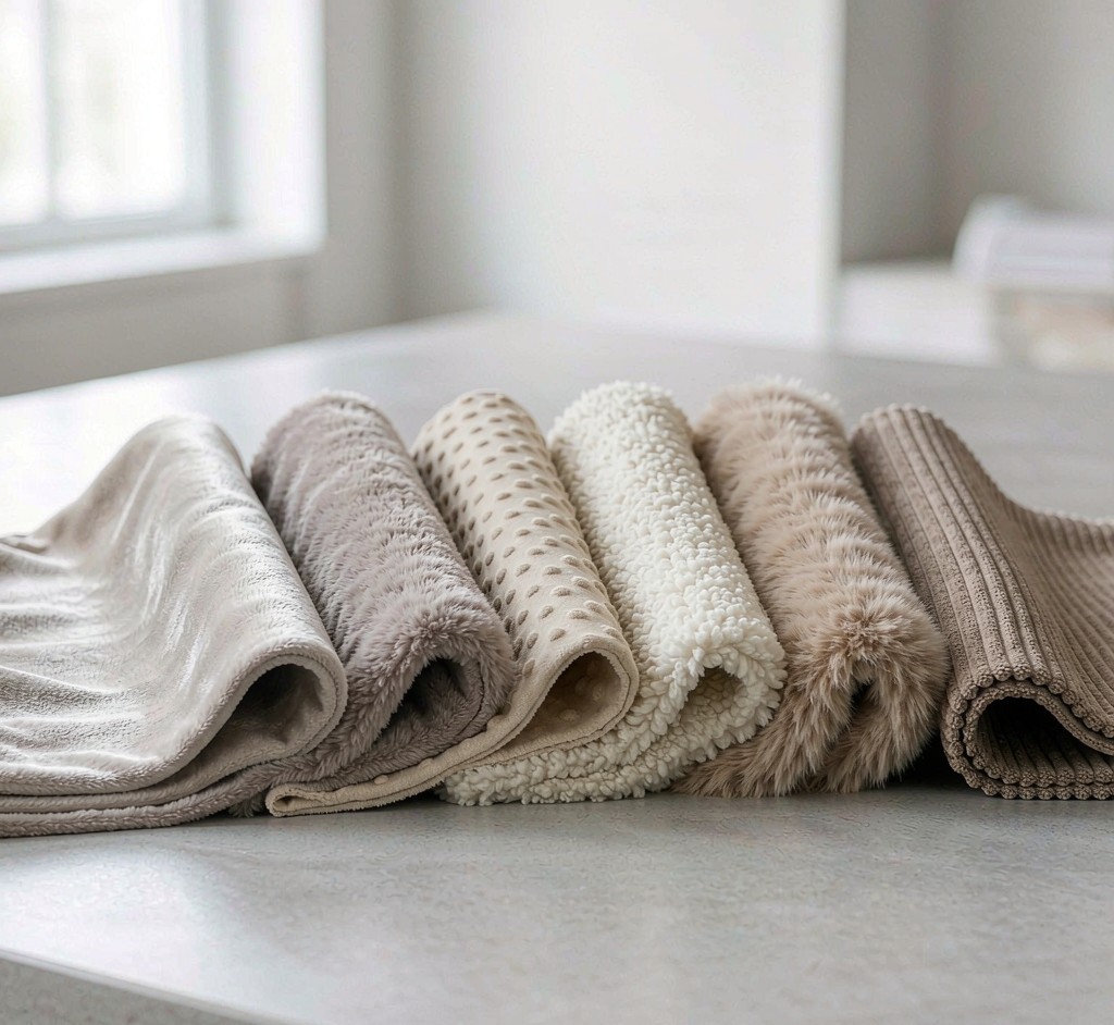 Samples of different plush fabrics arranged in a fan on a light table