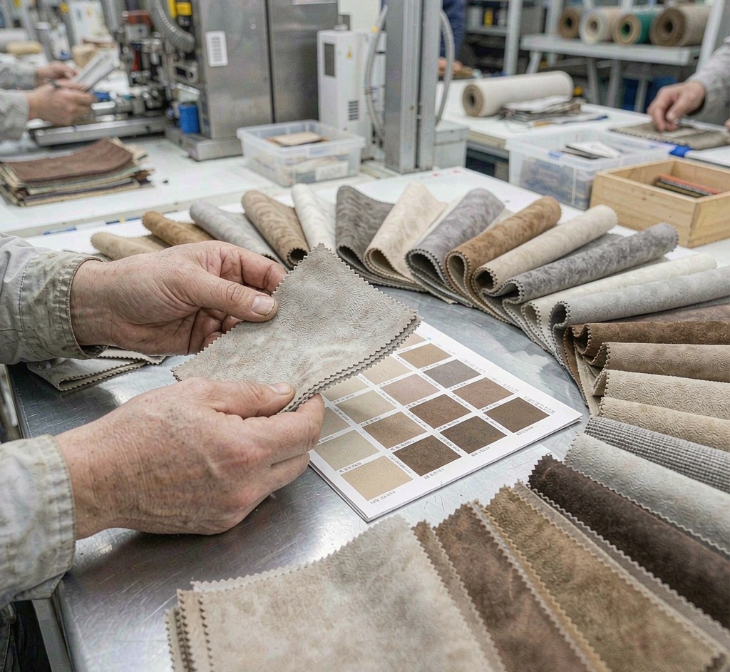 A factory technician checking a plush material swatch against a Pantone color chart