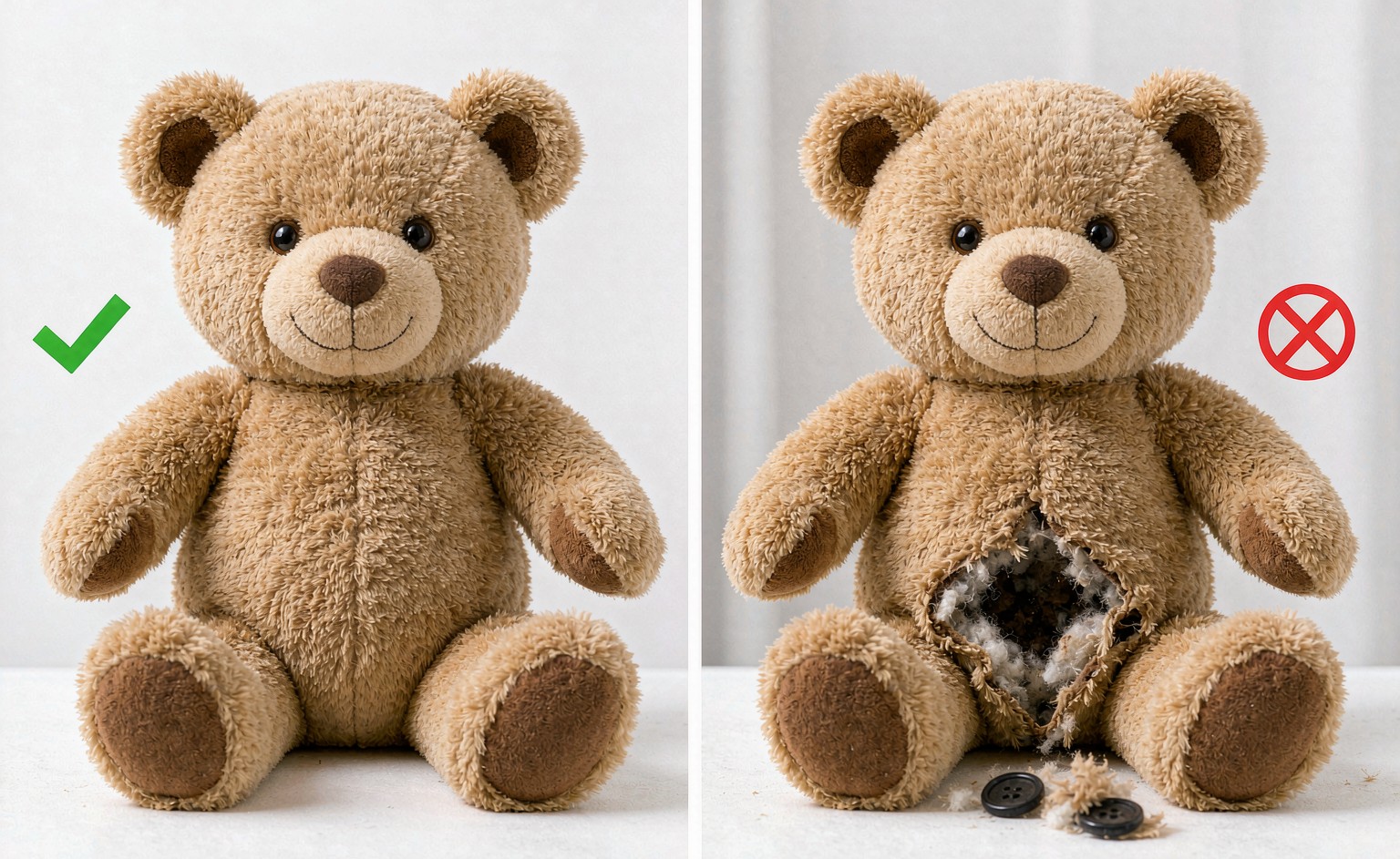 Side-by-side comparison of a passing plush toy (intact after all tests, no small parts) versus a failing plush toy (detached eye, seam rupture, stuffing visible)