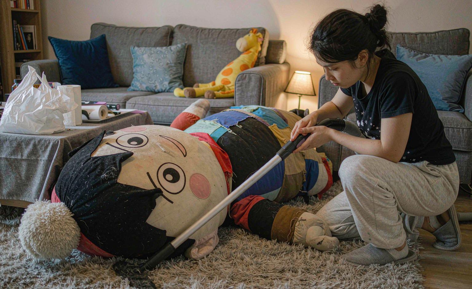 A person surface-cleaning a giant plush toy with an upholstery vacuum attachment