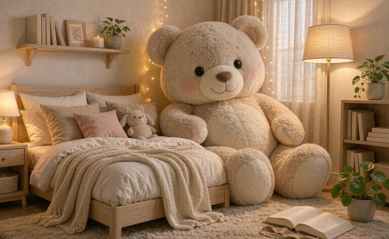 A giant plush toy styled as cozy bedroom decor in a reading corner