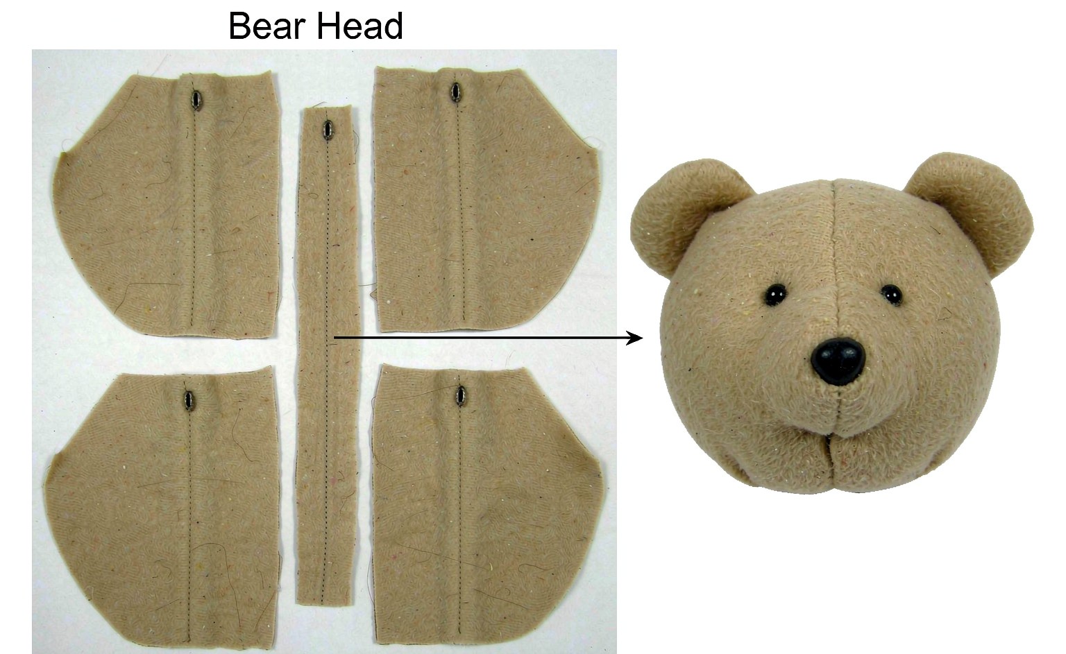 Diagram-style photograph showing a plush teddy bear head pattern with four panels and a center head gusset laid flat on paper next to the assembled round 3D head, illustrating how flat pieces create volume