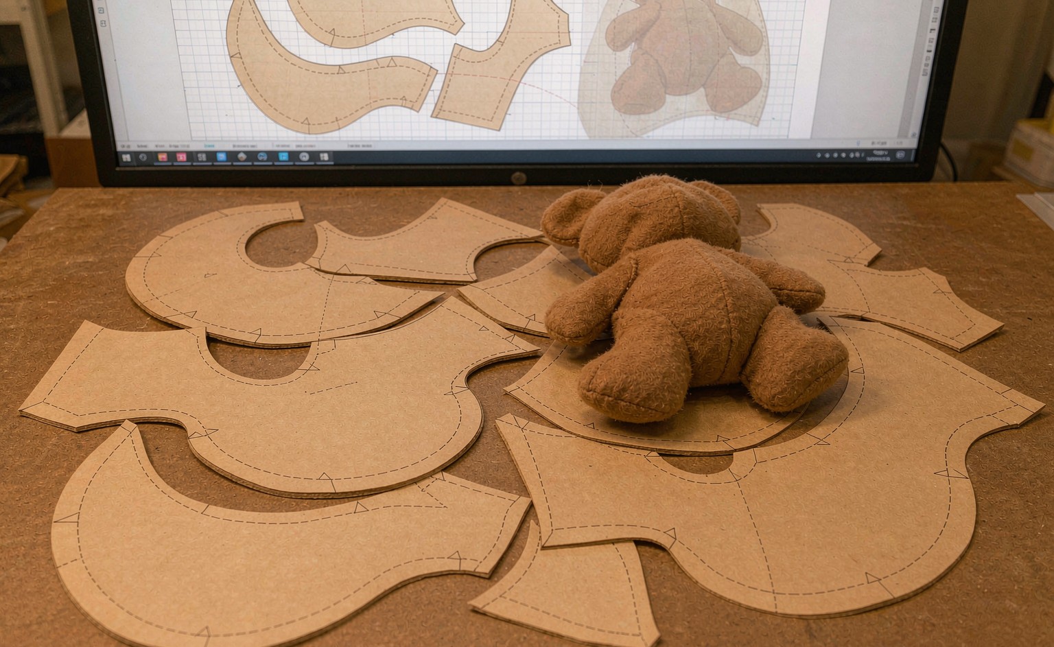 A plush toy pattern maker's work table showing flat pattern pieces laid out next to a finished 3D plush character, with vector artwork on a screen in the background