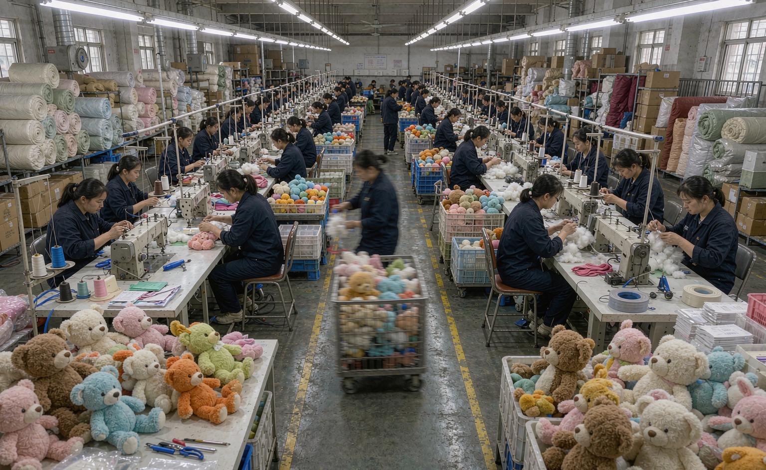A busy plush toy manufacturing floor during Q4 rush season with multiple production lines running in parallel