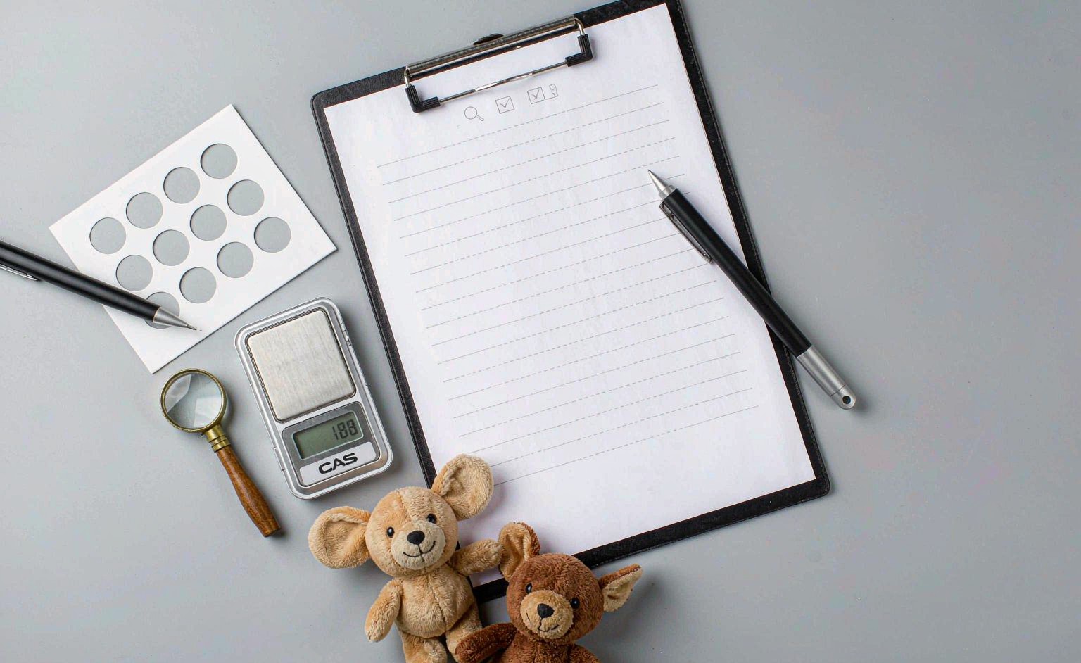 Plush toy repair tools: needle, matching thread, fibrefill, scissors and soft brush