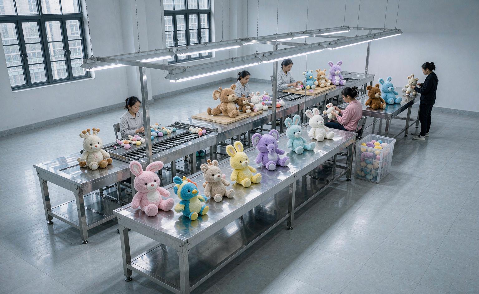 A plush toy production line with workers inspecting finished toys for safety