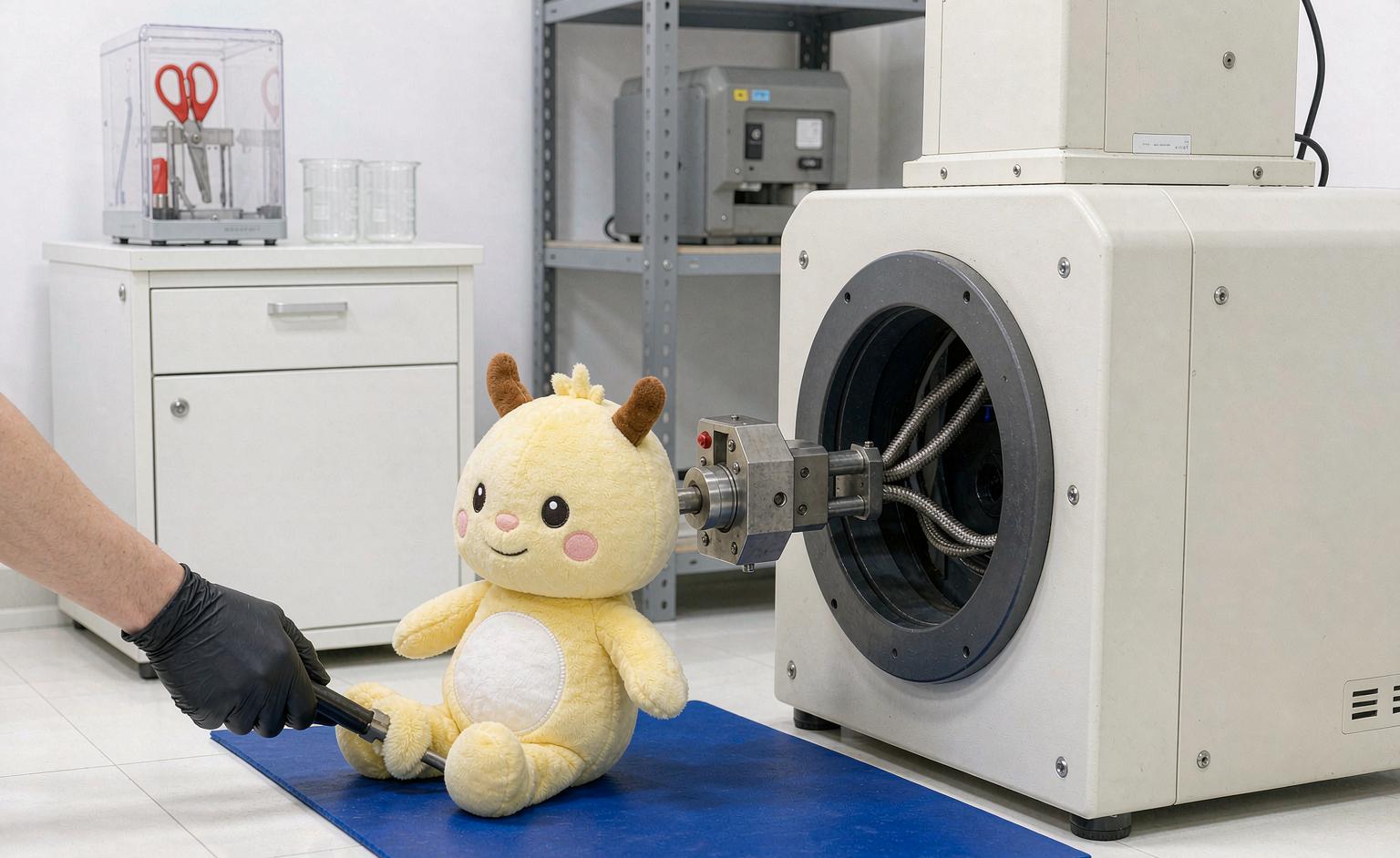 A plush toy undergoing tensile pull testing on laboratory equipment