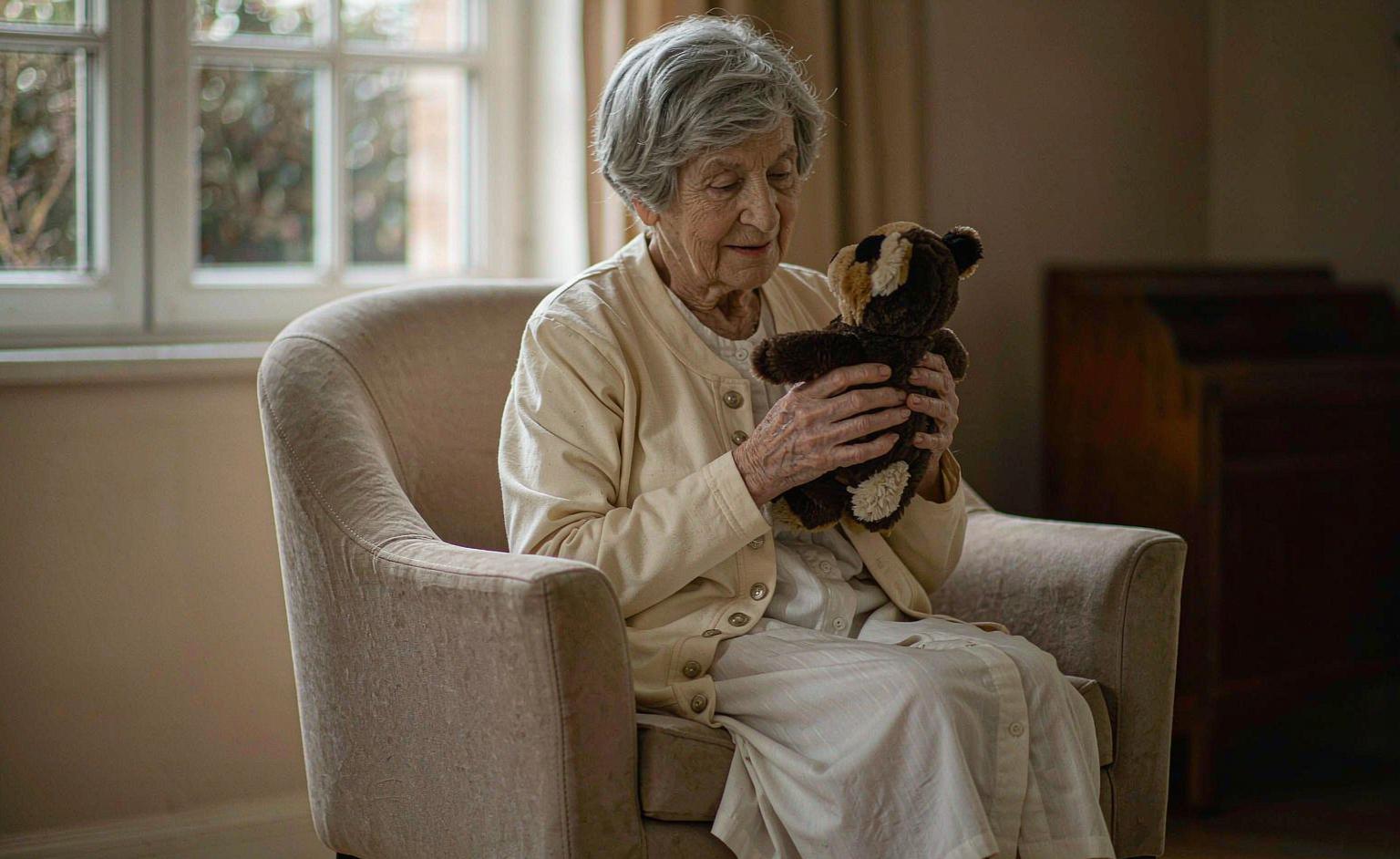 An elderly woman gently holding a soft plush companion while sitting in an armchair