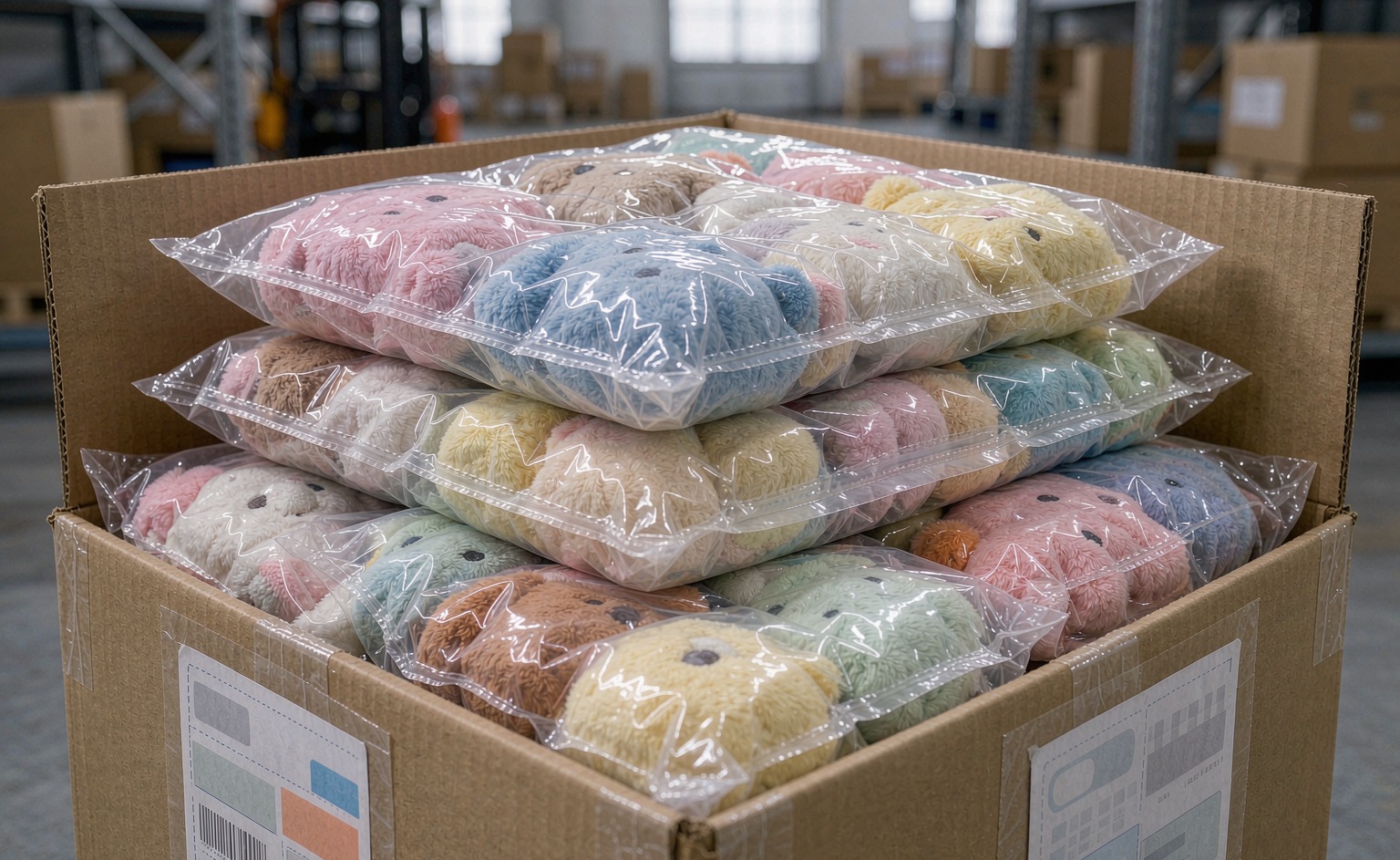 Compressed plush toys in vacuum-sealed bags ready for air freight shipment