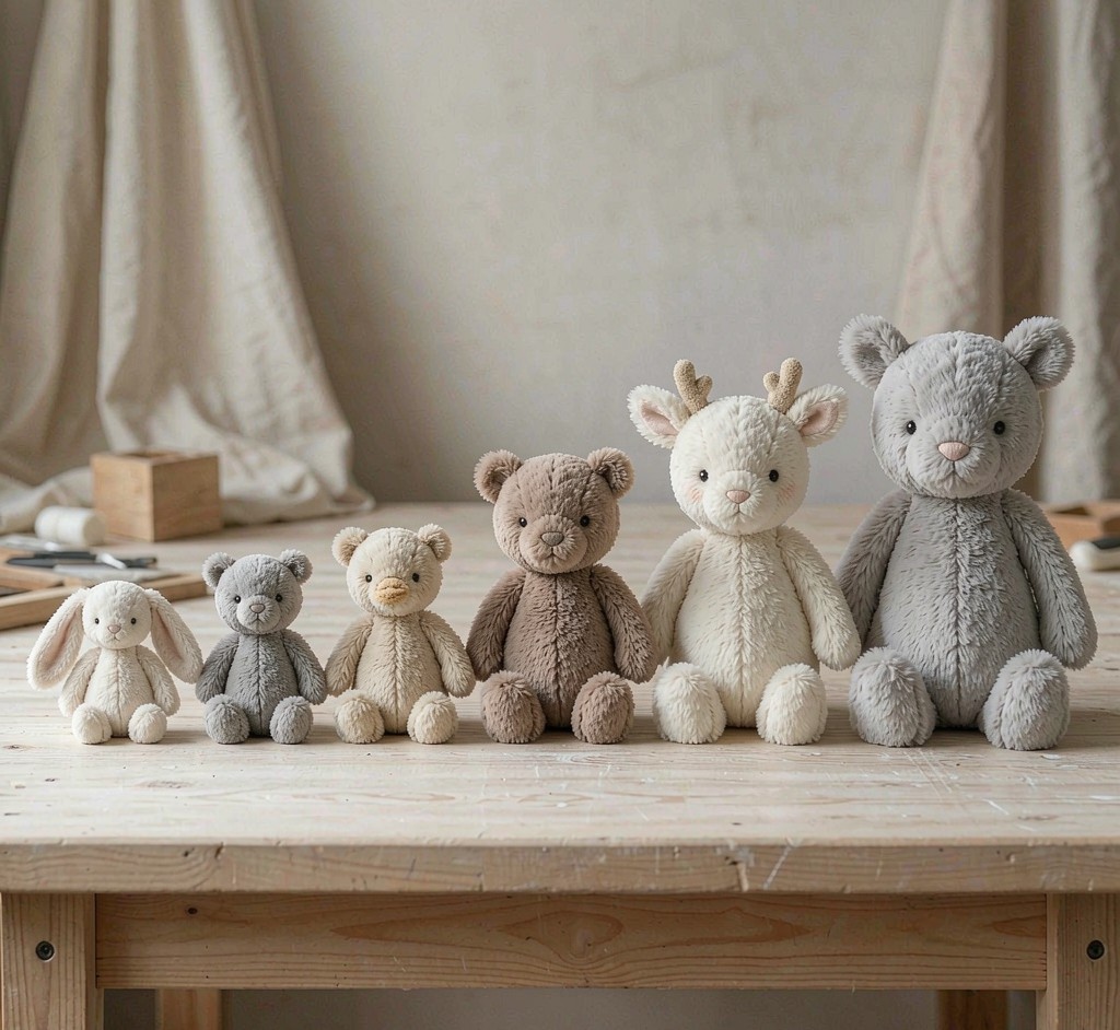 Sensory plush toys in different sizes arranged by age suitability on a work table