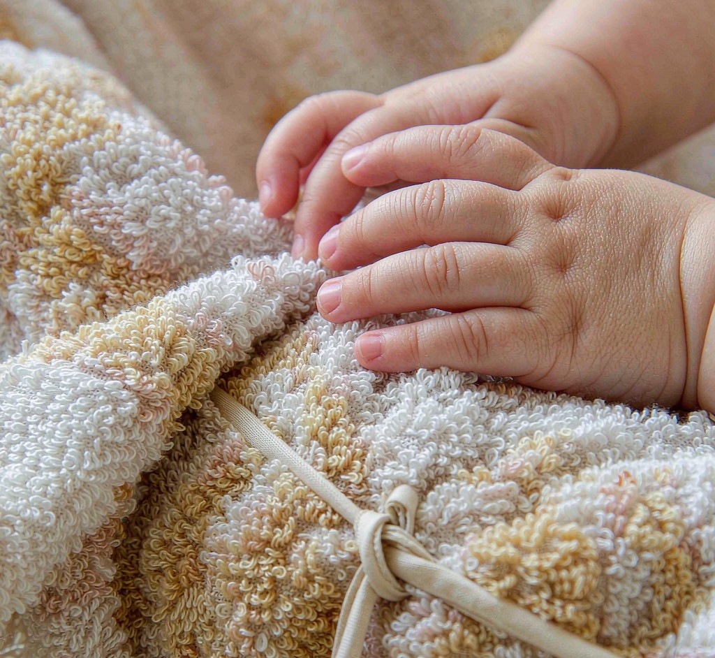A child's hands exploring textured plush fabric and a looped ribbon detail