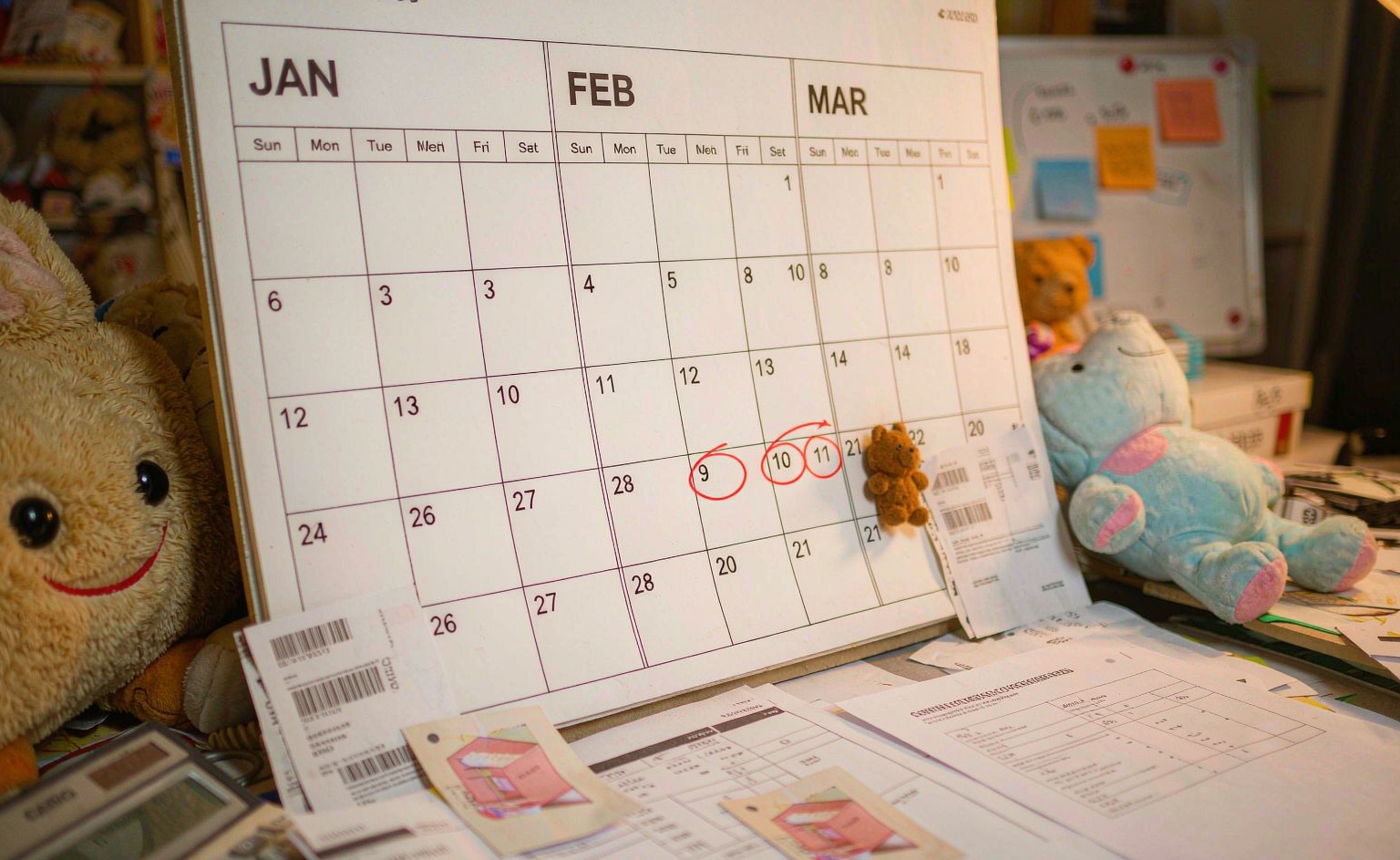 A planning desk scene showing a 2027 calendar with Chinese New Year period circled in red, surrounded by plush toy samples, shipping documents, and a container booking confirmation, representing the pre-CNY order countdown