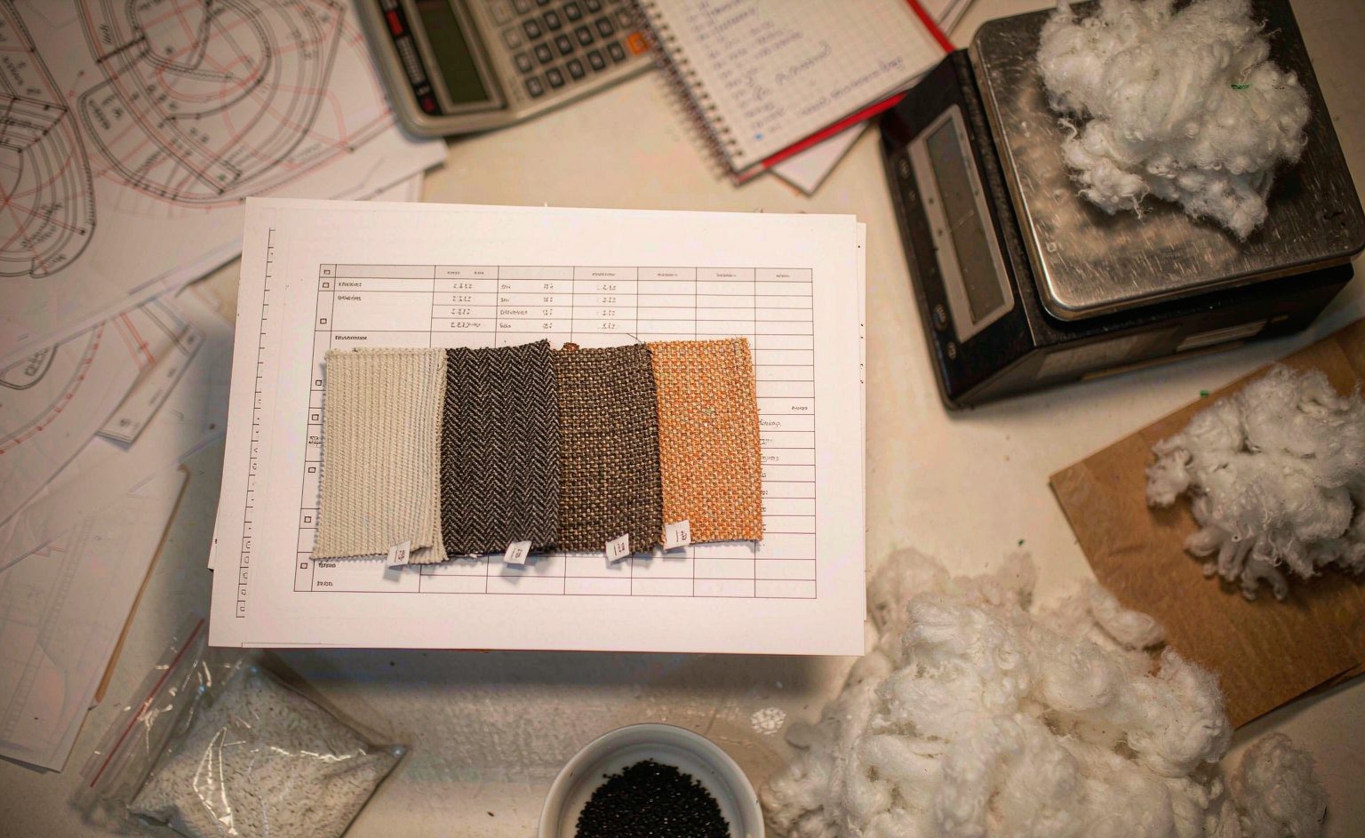 A detailed overhead photograph of a plush toy costing worksheet on a factory desk: fabric swatches with GSM labels, a digital scale weighing polyester fiberfill, pattern pieces with panel count annotations, and a calculator displaying a unit cost figure