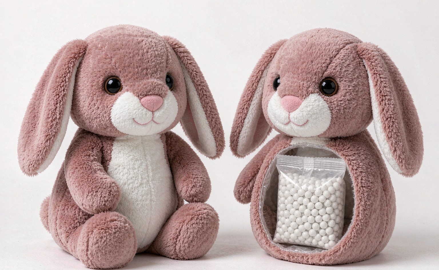 A cutaway product photograph of a weighted-base plush bunny showing the sealed segmented pellet bag inside the bottom cavity, with the bunny sitting perfectly upright next to its opened base view